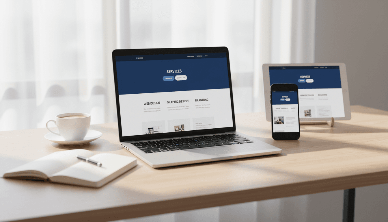 Laptop, smartphone, and tablet displaying a responsive website design on a modern workspace