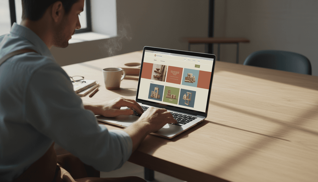 Craftsman reviewing responsive website design on laptop at desk