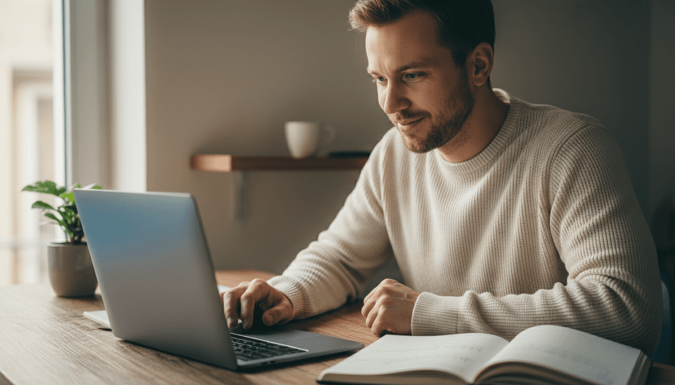 Founder working at desk with laptop in Dresden office