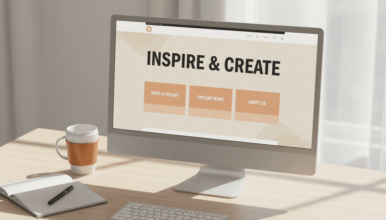 Modern responsive website displayed on desktop monitor in a creative workspace